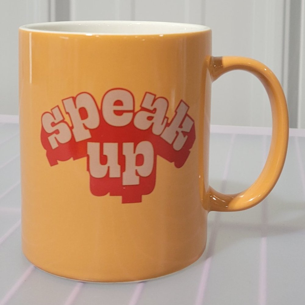 SPEAK UP Retro Print Coral Orange Stoneware Coffee Mug Microwave Safe 15 oz Size